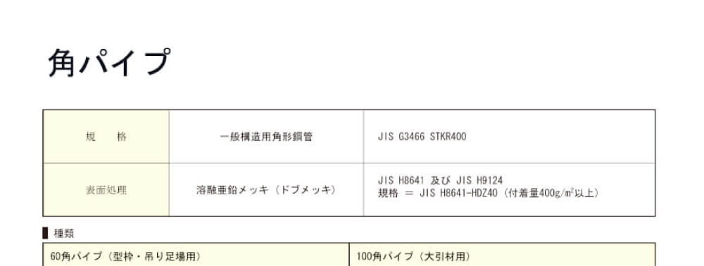 角パイプ（60角・100角）のイメージ